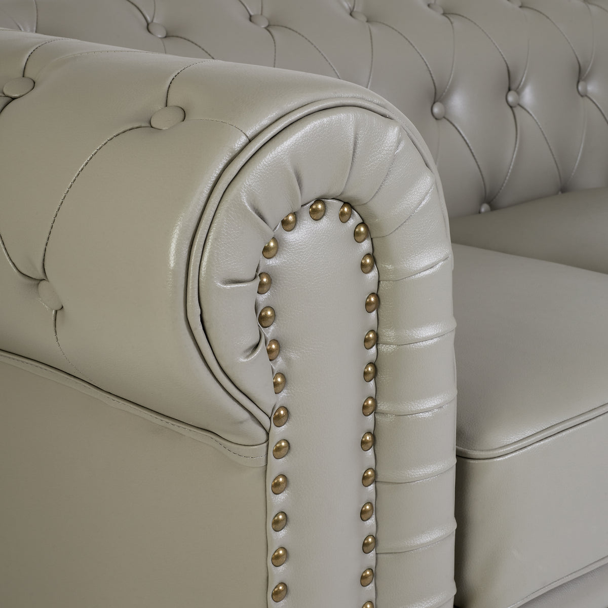 Chesterfield Grey Faux Leather Sofa Set, 2 and 3 Seater Settees with Rolled Arms, Button Backs and Gold Studs