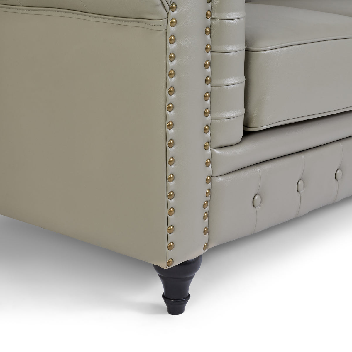 Chesterfield Grey Faux Leather Sofa Set, 2 and 3 Seater Settees with Rolled Arms, Button Backs and Gold Studs