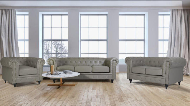 Faux Leather Chesterfield Sofa Suite - Grey Furniture Bargainia Full Suite 1 + 2 + 3 Seaters