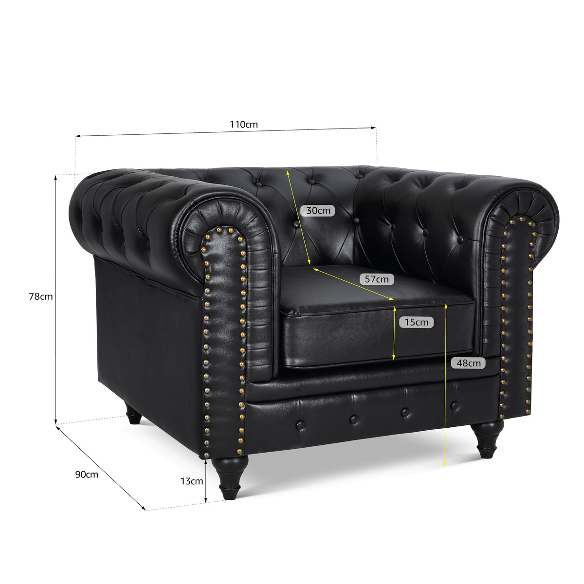 Chesterfield Black Faux Leather Sofa Suite, 3 Piece Set with 3 Seater, 2 Seater and Armchair, Gold Studs