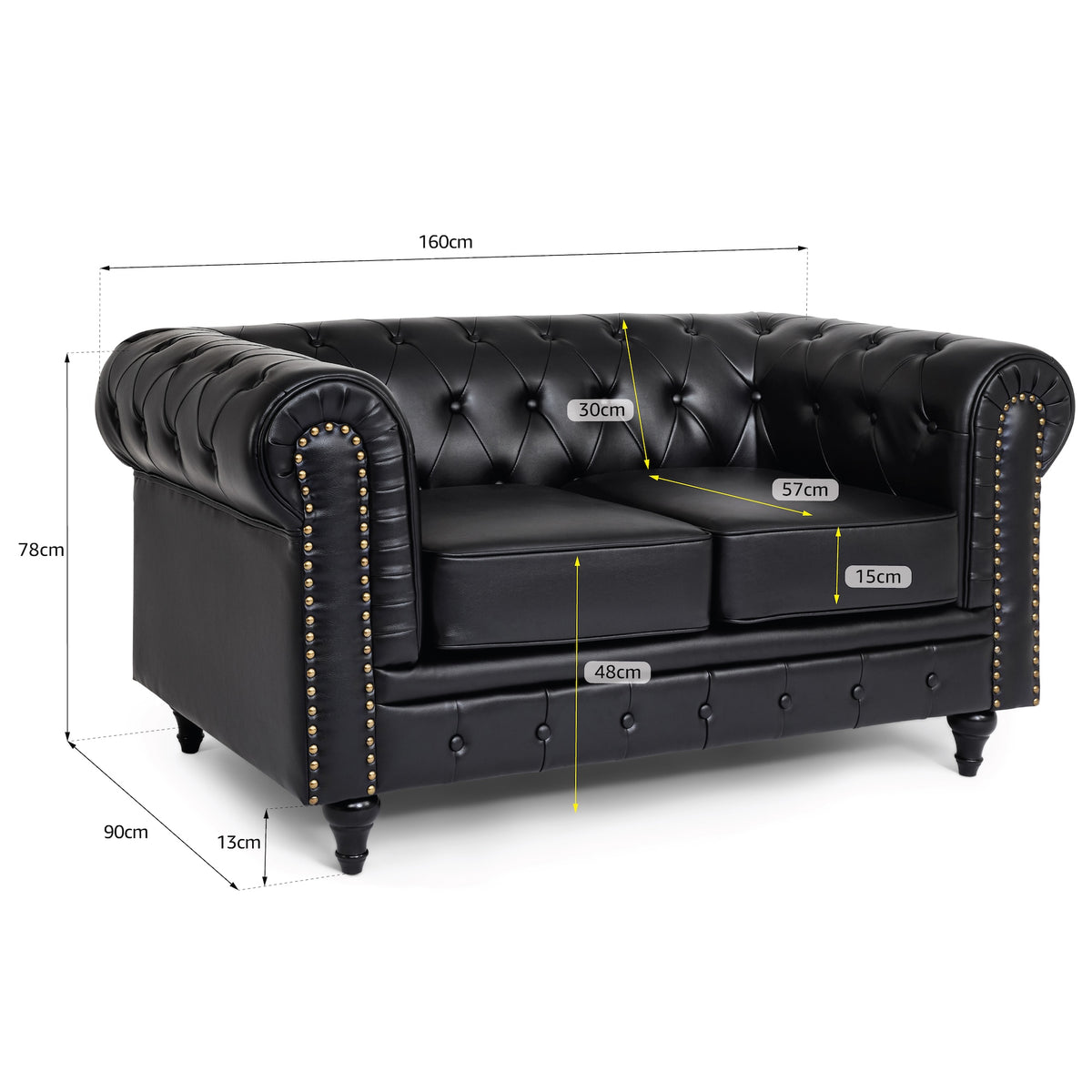 Chesterfield Black Faux Leather Sofa Suite, 3 Piece Set with 3 Seater, 2 Seater and Armchair, Gold Studs