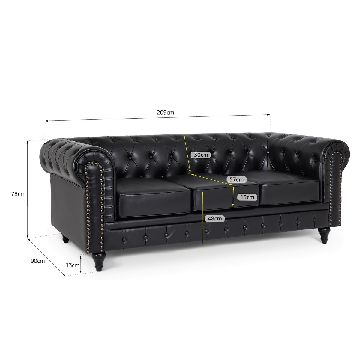 Chesterfield Black Faux Leather Sofa Suite, 3 Piece Set with 3 Seater, 2 Seater and Armchair, Gold Studs