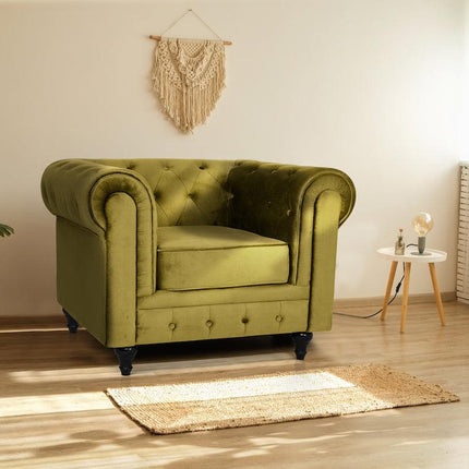 Velvet Chesterfield Sofa Suite - Olive Green-Bargainia.com