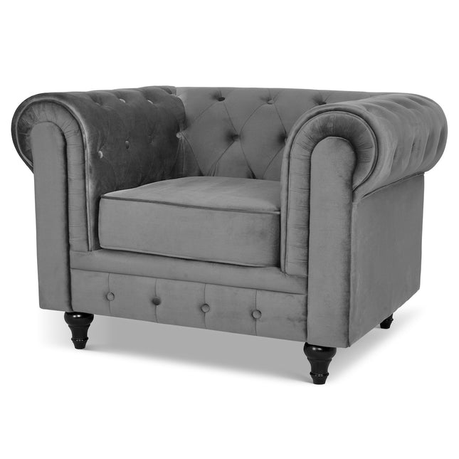 Chesterfield Sofa Suite - Grey Velvet Furniture Bargainia 1 Seater Armchair