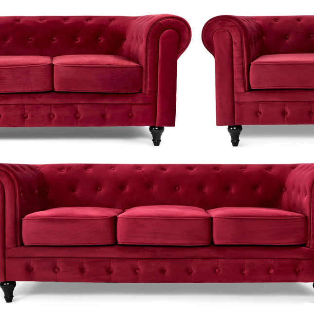 Velvet Chesterfield Sofa Suite - Wine Red-Bargainia.com