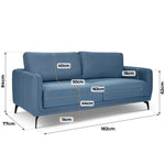Brixton Blue 3 Seater Sofa - Modern Fabric Sofa with Steel Legs