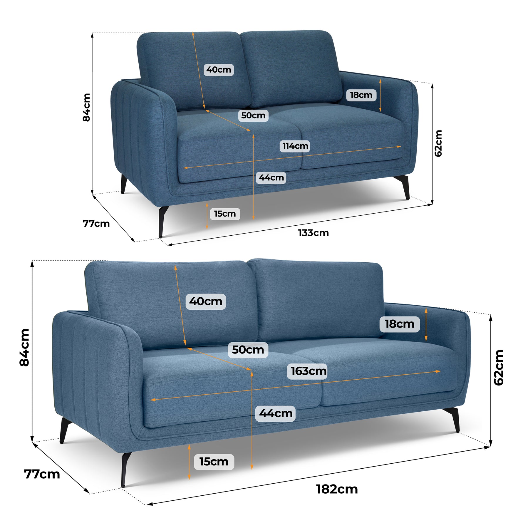 Brixton Blue 2 & 3 Seater Sofa Set - Modern Fabric Sofa Suite with Steel Legs