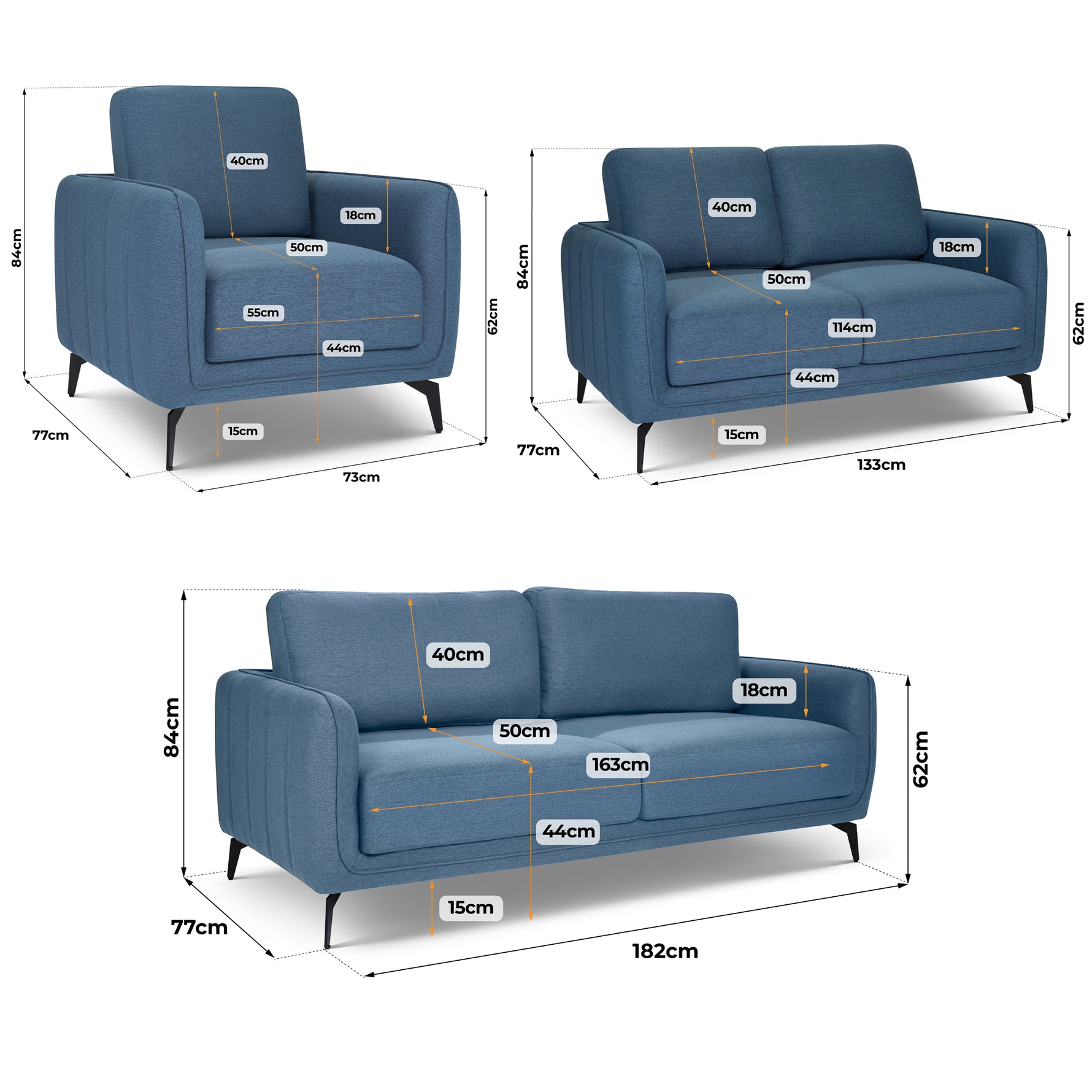 Brixton Blue Full Suite - Armchair, 2 & 3 Seater Sofa Set