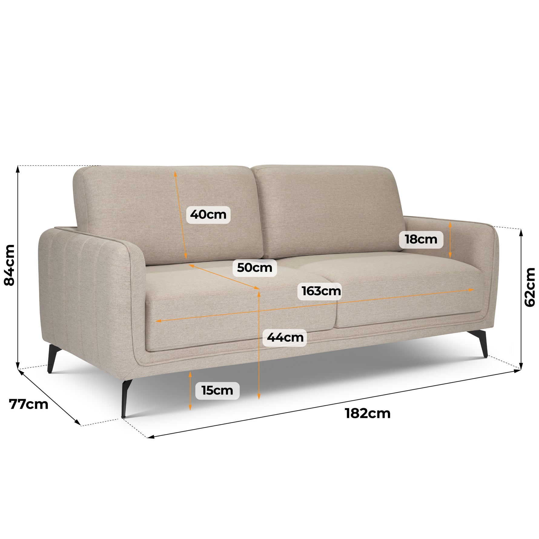 Brixton Cream 3 Seater Sofa - Modern Fabric Sofa with Steel Legs