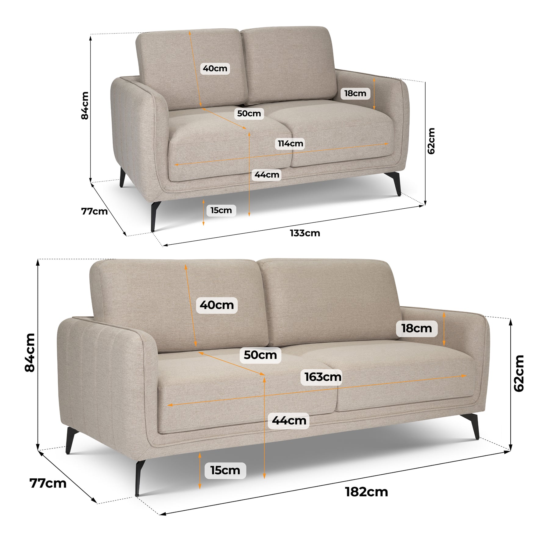 Brixton Cream 2 & 3 Seater Sofa Set - Modern Fabric Sofa Suite with Steel Legs