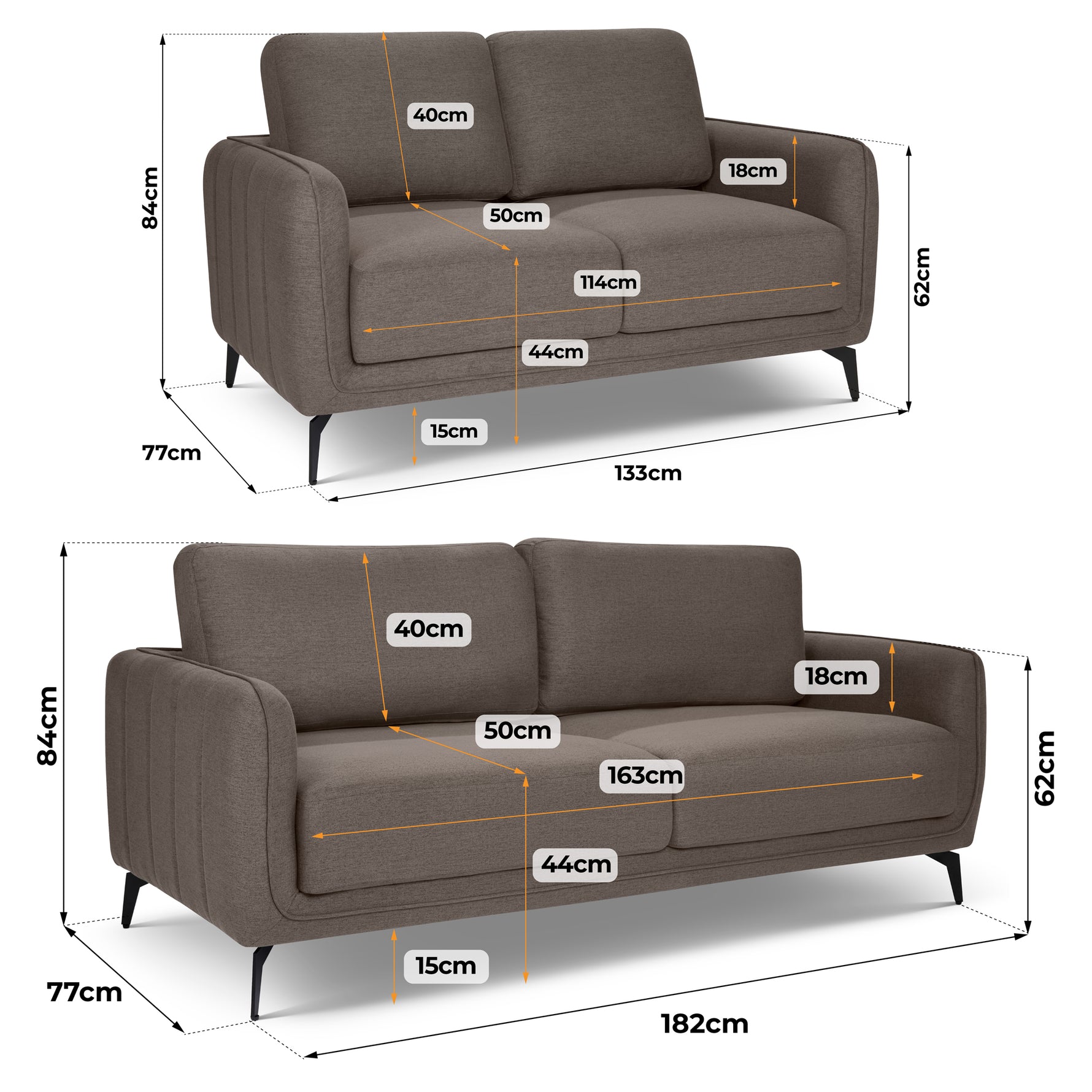 Brixton Dark Brown 2 & 3 Seater Sofa Set - Modern Fabric Sofa Suite with Steel Legs