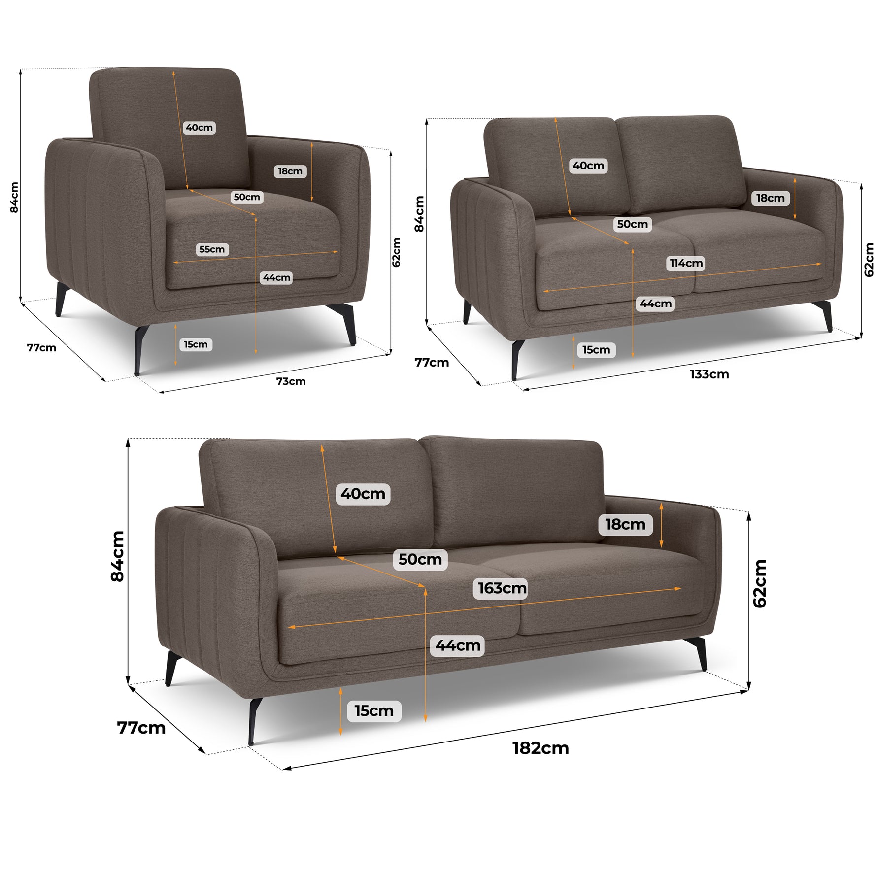 Brixton Dark Brown Full Suite - Arm Chair, 2 & 3 Seater Sofa Set
