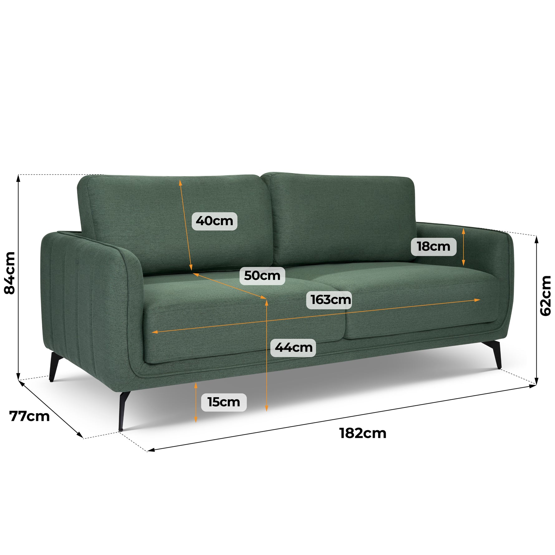 Brixton Green 3 Seater Sofa - Modern Fabric Sofa with Steel Legs