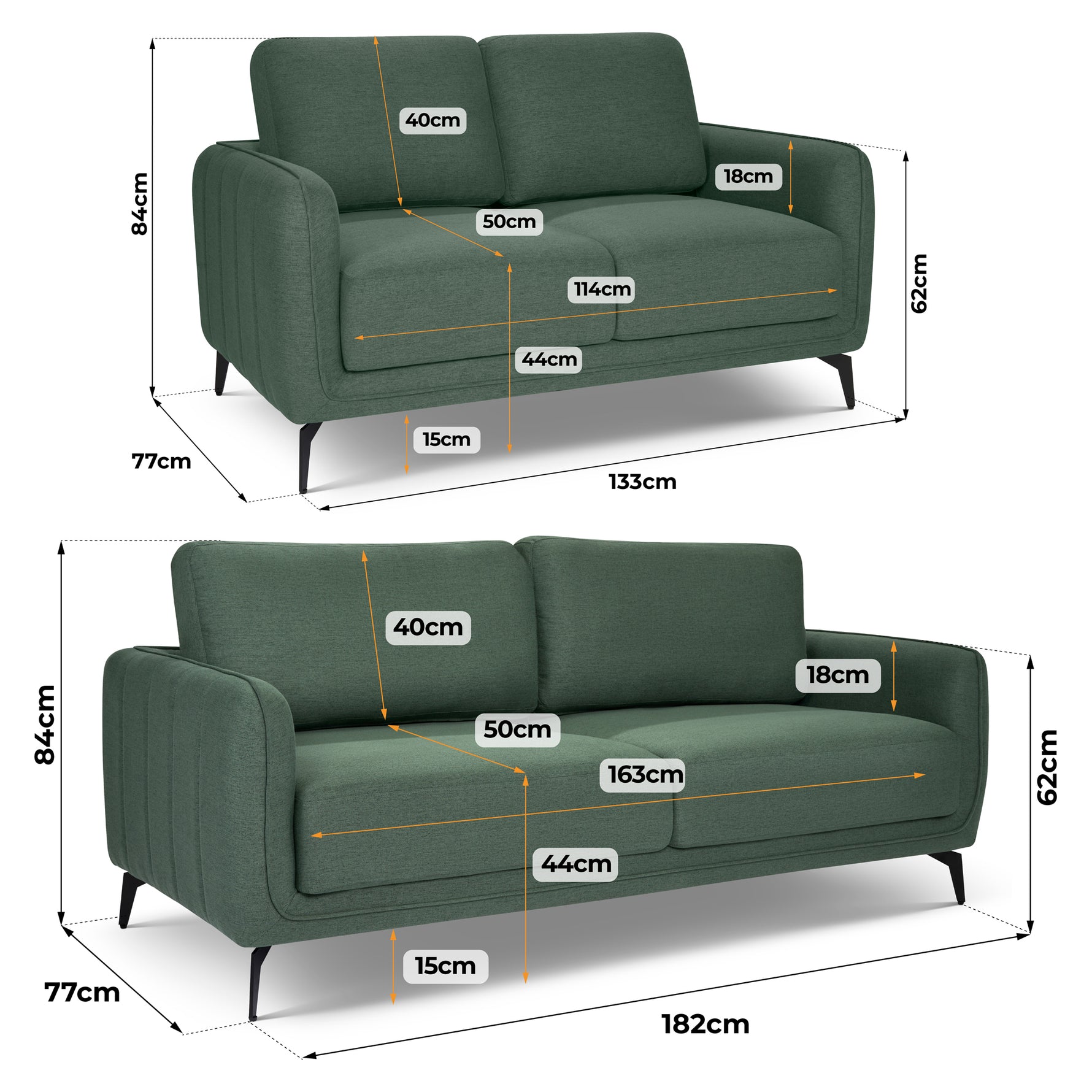 Brixton Green 2 & 3 Seater Sofa Set - Modern Fabric Sofa Suite with Steel Legs
