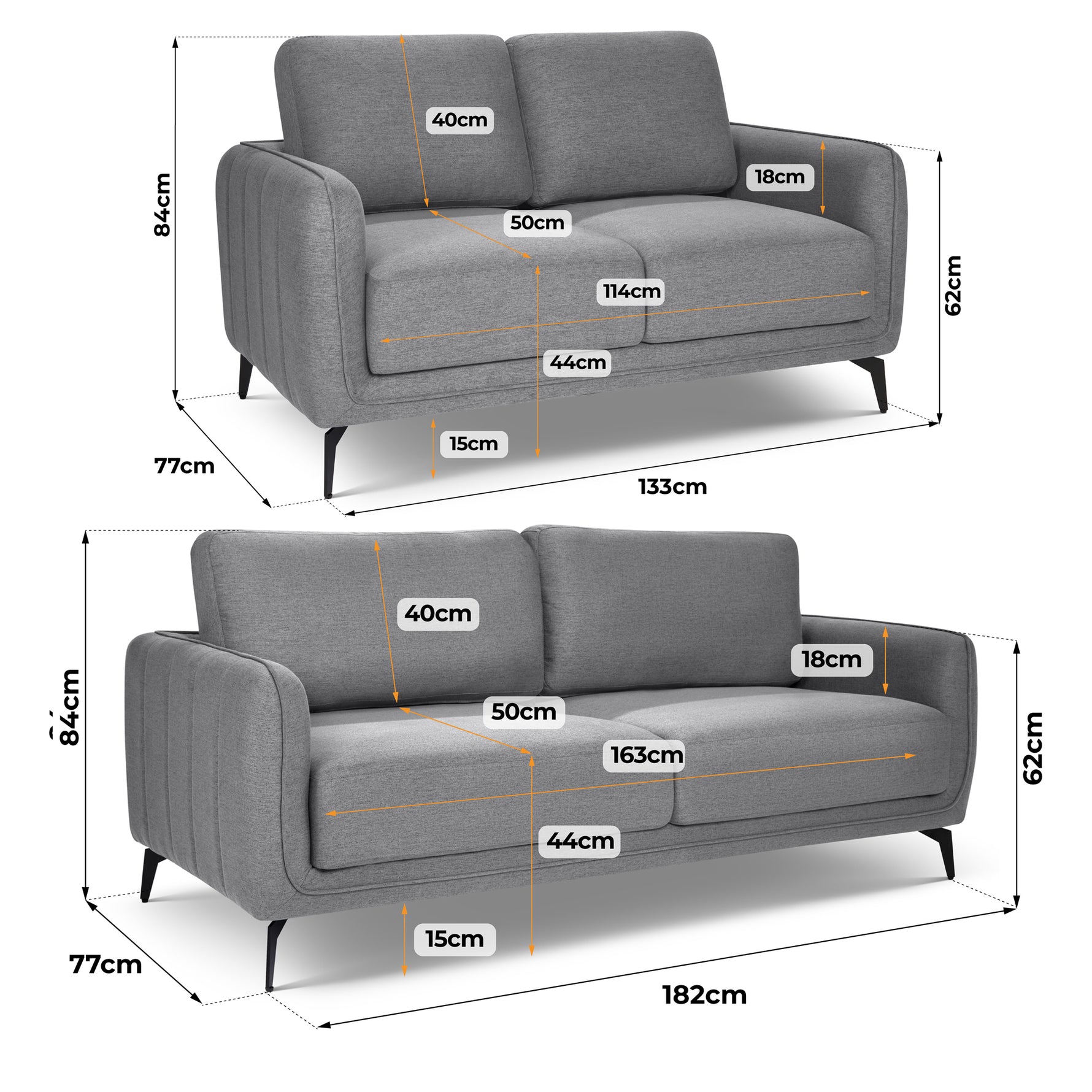 Brixton Grey 2 & 3 Seater Sofa Set - Modern Fabric Sofa Suite with Steel Legs