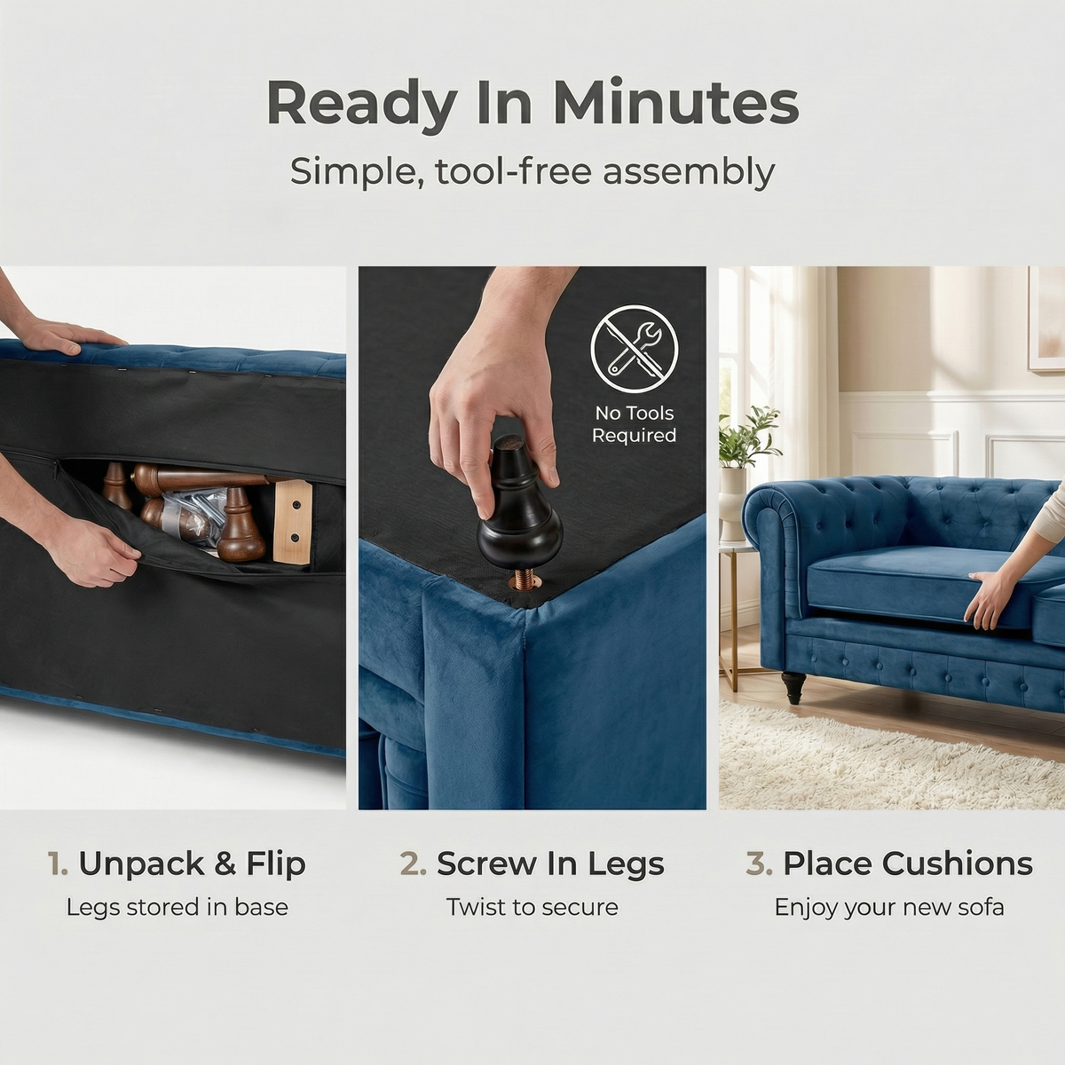 Chesterfield Velvet Sofa Suite, Navy Blue 3 Piece Set with Armchair, 2 Seater and 3 Seater Sofa, Button Back