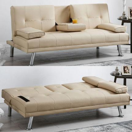 Manhattan Sofa Bed 2 Seater Faux Leather Click Clack - Cream