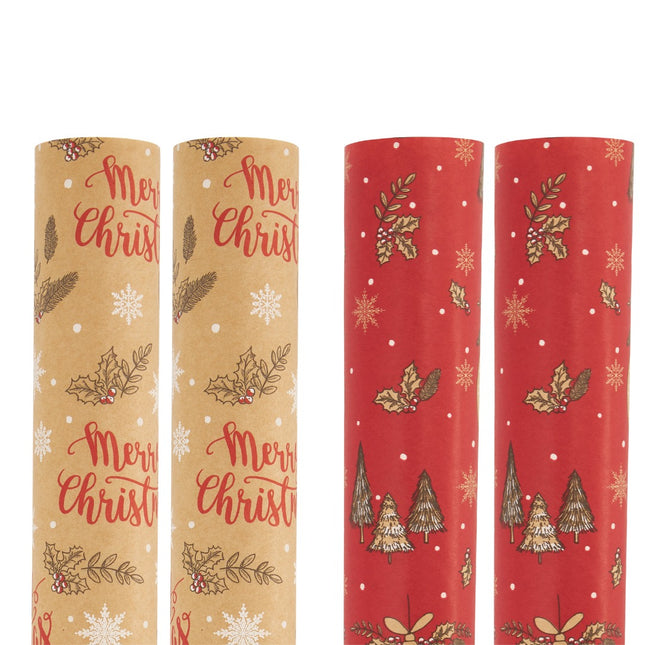 Wrapping Paper - Red Bauble & Natural Stag Kraft Gift Wrap - Singles or 4 Pack - 2m Roll