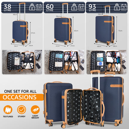 Luxury Hard Shell Luggage Suitcase 3 Piece Set - Navy