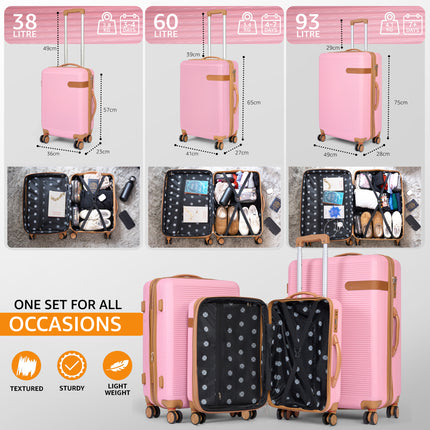 Luxury Hard Shell Luggage Suitcase 3 Piece Set - Pink