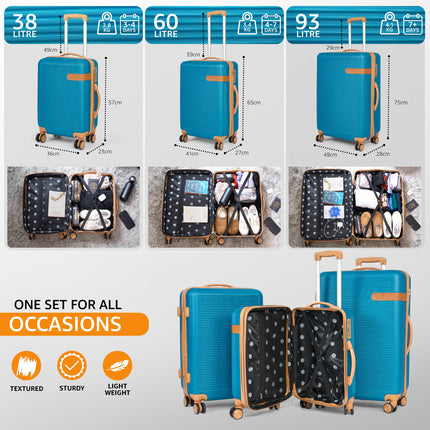 Luxury Hard Shell Luggage Suitcase 3 Piece Set - Teal