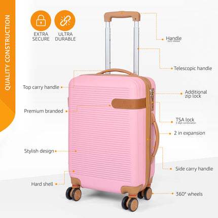 Luxury Hard Shell Luggage Suitcase 3 Piece Set - Pink