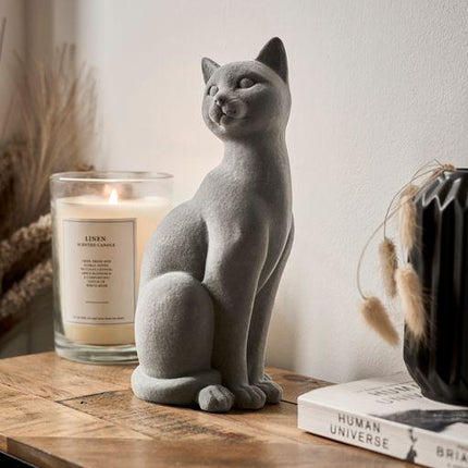 Cat Figurine - Grey Velvet - Sitting-5010792476575-Bargainia.com