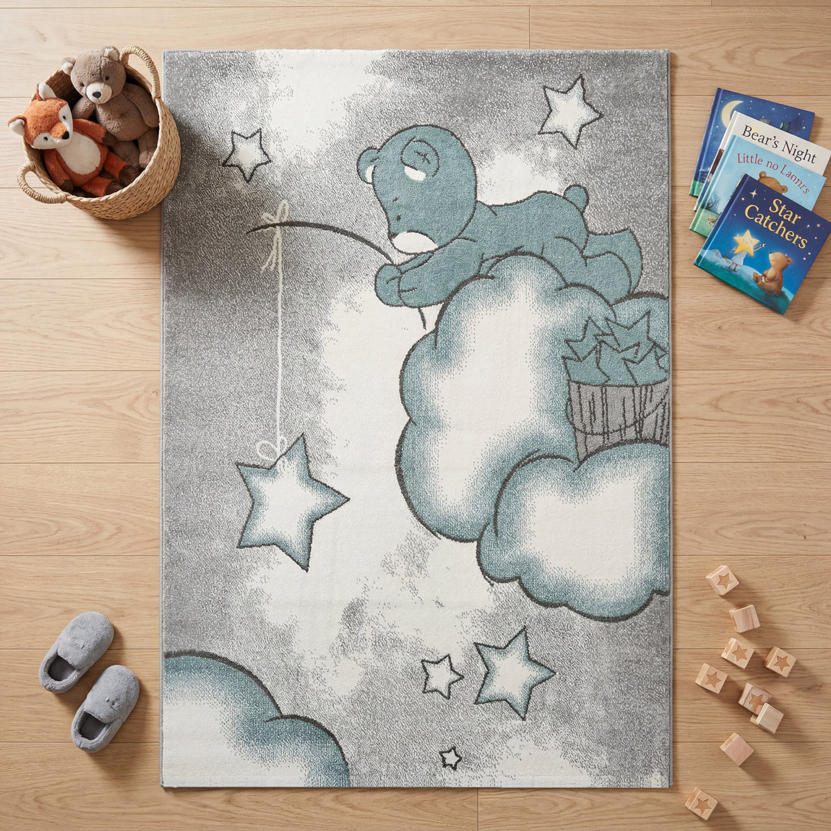 Tapis bleu bébé ourson étoiles - Enfants