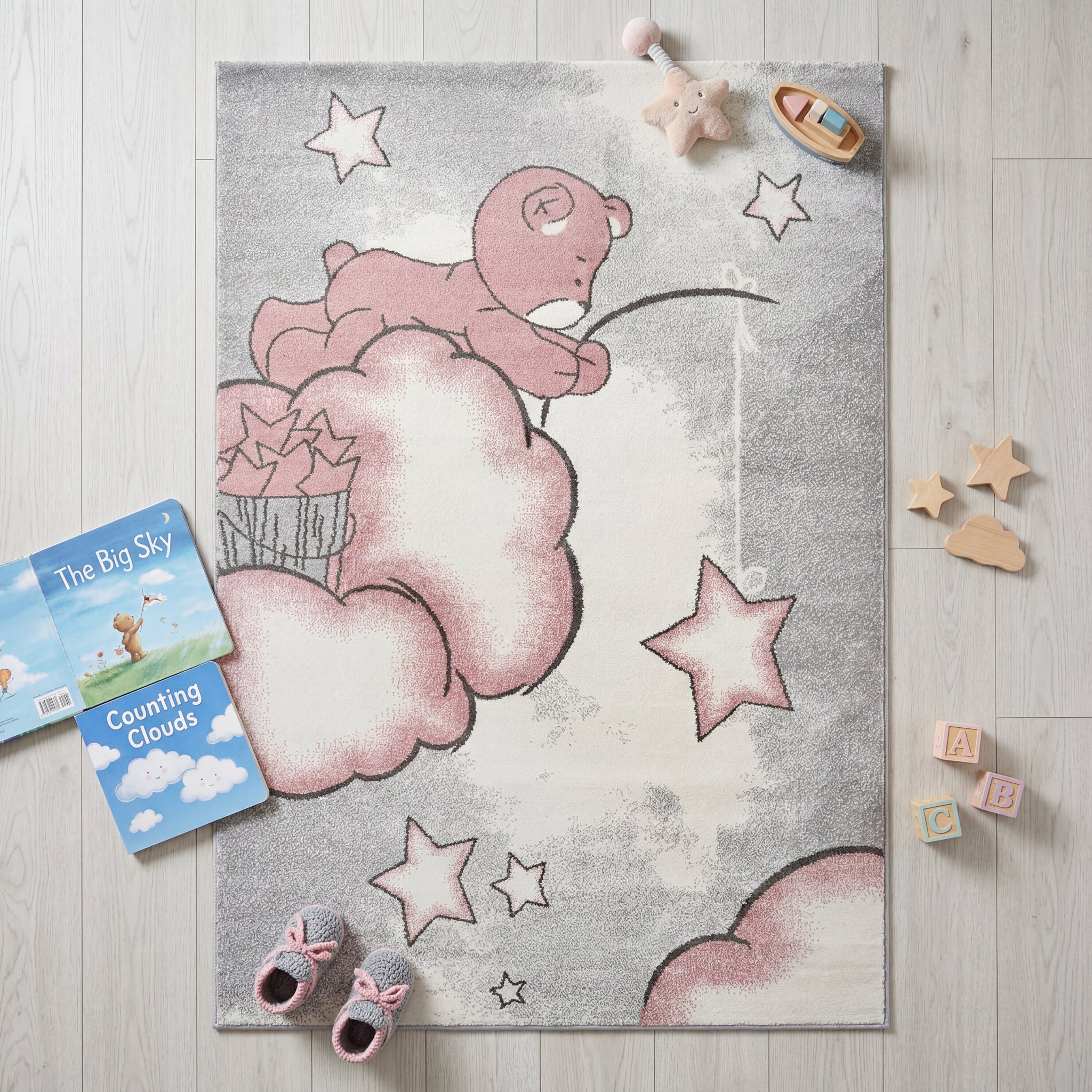 Pink Baby Bear and Stars Kids Rug, Soft 13mm Pile Nursery and Playroom Rug, Hessian Backed, Rectangle and Round Sizes