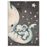 Baby Elephant and Stars Kids Rug, Blue Nursery and Children's Bedroom Play Mat, Soft 13mm Pile, Rectangle and Round