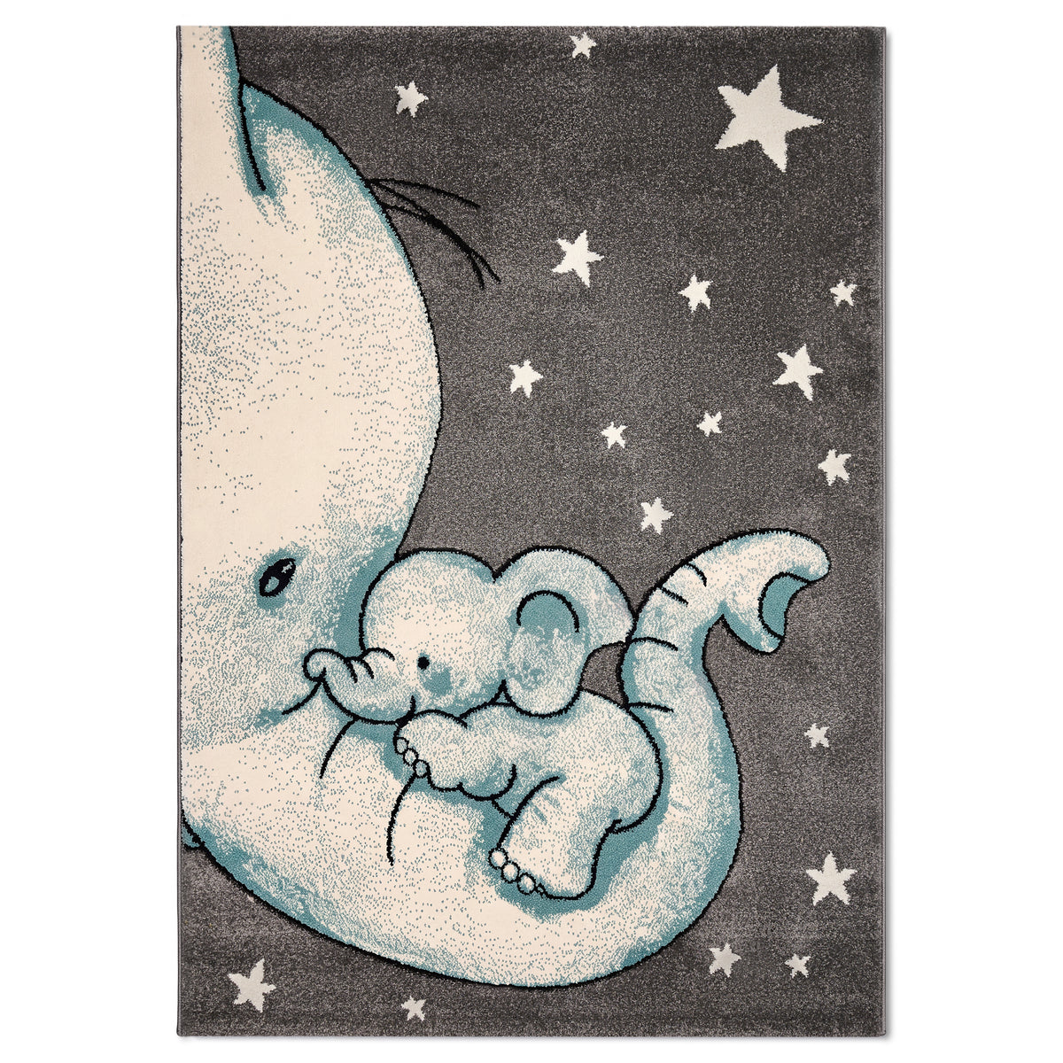 Baby Elephant and Stars Kids Rug, Blue Nursery and Children's Bedroom Play Mat, Soft 13mm Pile, Rectangle and Round