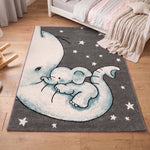 Baby Elephant and Stars Kids Rug, Blue Nursery and Children's Bedroom Play Mat, Soft 13mm Pile, Rectangle and Round