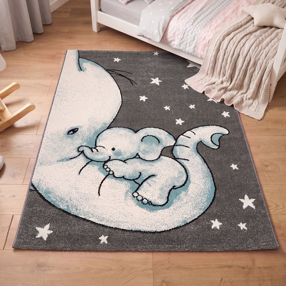 Baby Elephant and Stars Kids Rug, Blue Nursery and Children's Bedroom Play Mat, Soft 13mm Pile, Rectangle and Round
