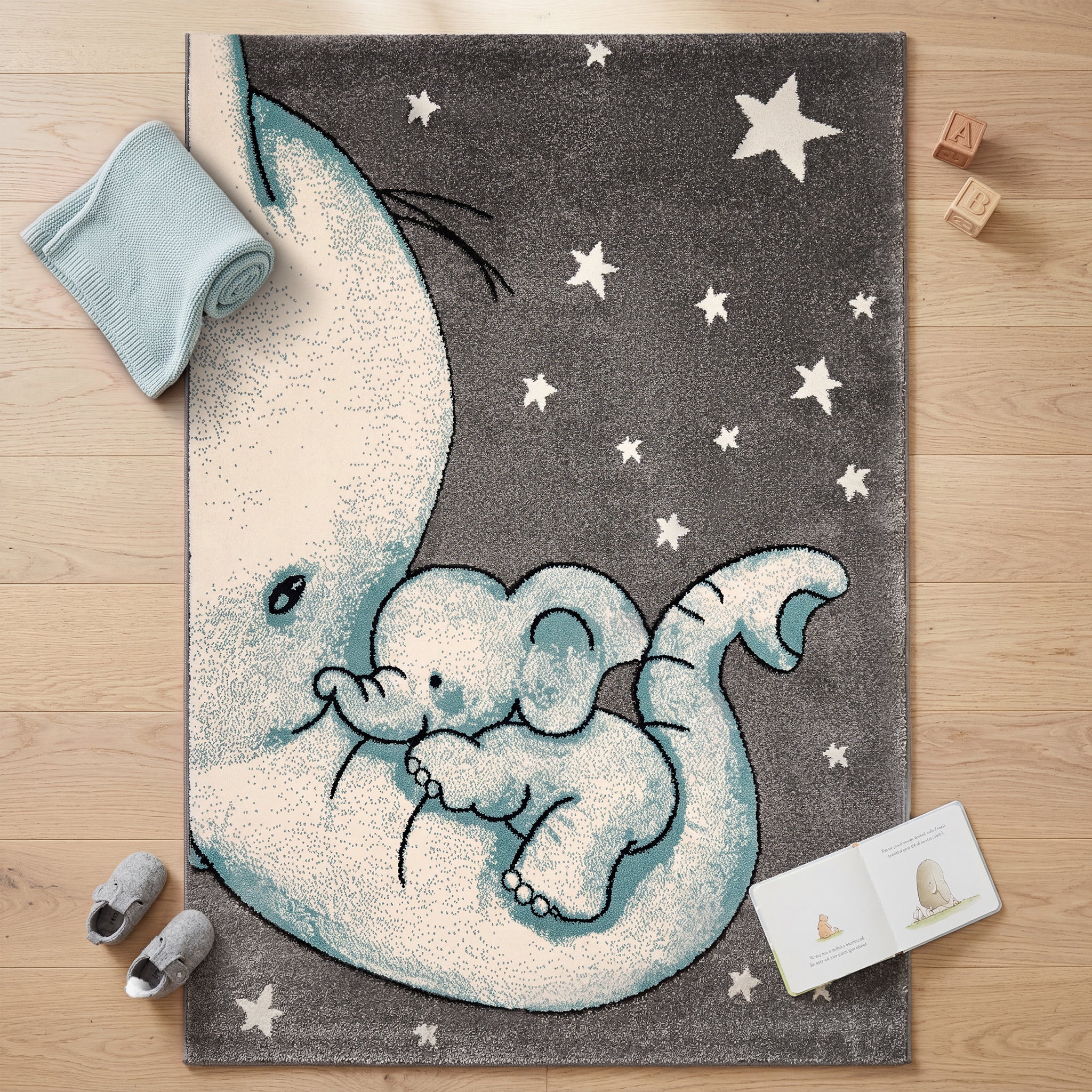 Baby Elephant and Stars Kids Rug, Blue Nursery and Children's Bedroom Play Mat, Soft 13mm Pile, Rectangle and Round