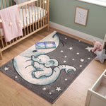 Baby Elephant and Stars Kids Rug, Blue Nursery and Children's Bedroom Play Mat, Soft 13mm Pile, Rectangle and Round