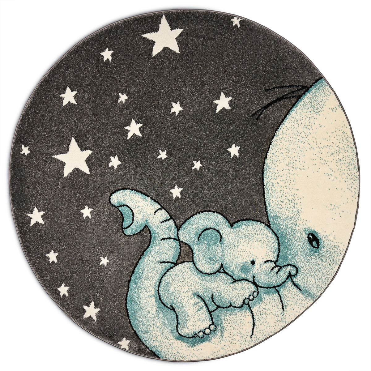 Baby Elephant and Stars Kids Rug, Blue Nursery and Children's Bedroom Play Mat, Soft 13mm Pile, Rectangle and Round