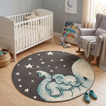 Baby Elephant and Stars Kids Rug, Blue Nursery and Children's Bedroom Play Mat, Soft 13mm Pile, Rectangle and Round
