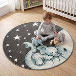 Baby Elephant and Stars Kids Rug, Blue Nursery and Children's Bedroom Play Mat, Soft 13mm Pile, Rectangle and Round