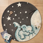 Baby Elephant and Stars Kids Rug, Blue Nursery and Children's Bedroom Play Mat, Soft 13mm Pile, Rectangle and Round