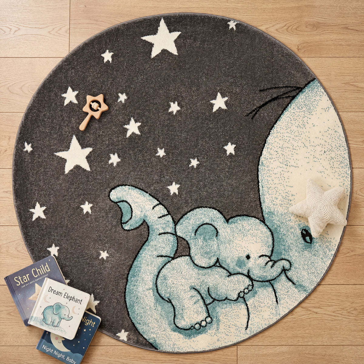 Baby Elephant and Stars Kids Rug, Blue Nursery and Children's Bedroom Play Mat, Soft 13mm Pile, Rectangle and Round