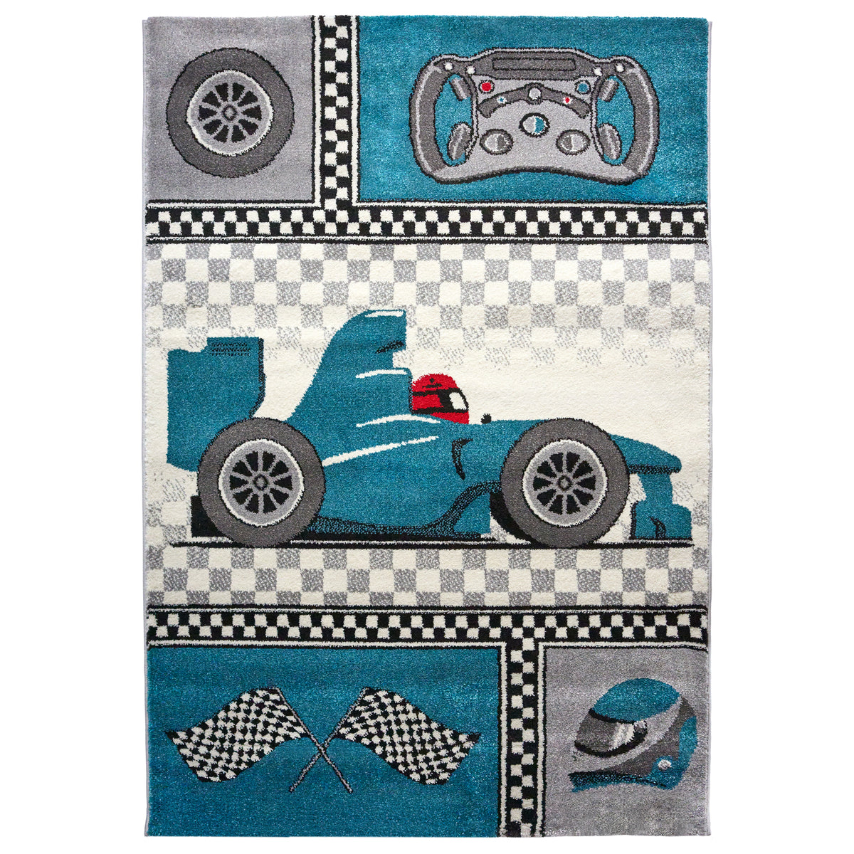 Kids Racing Car Rug, Blue Cars Children's Bedroom and Playroom Rug, Soft 13mm Pile, OEKO-TEX Tested, Multiple Sizes