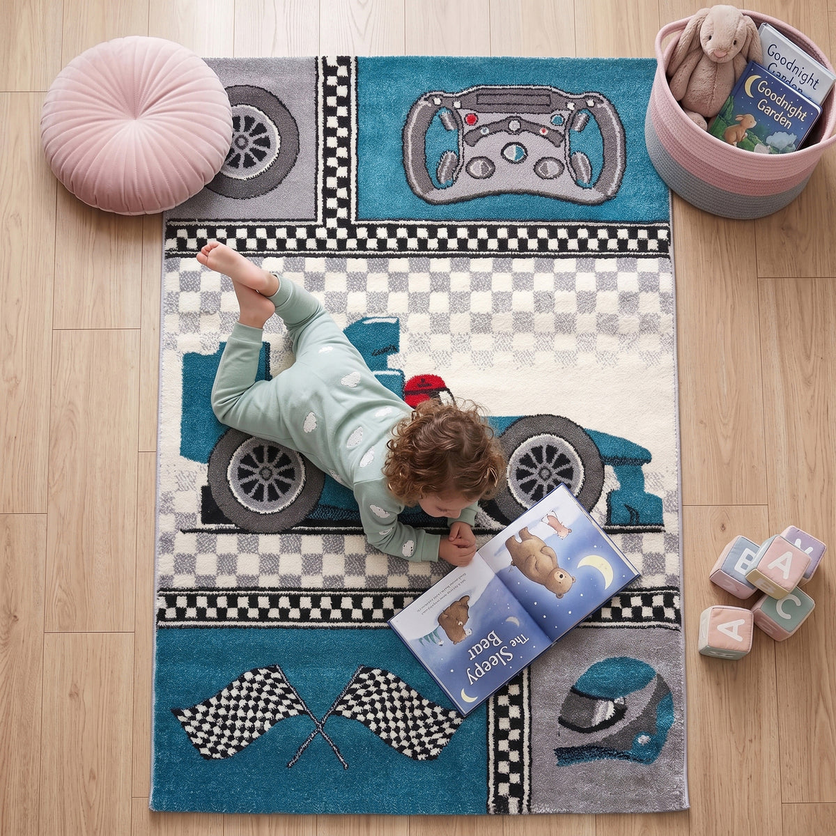 Kids Racing Car Rug, Blue Cars Children's Bedroom and Playroom Rug, Soft 13mm Pile, OEKO-TEX Tested, Multiple Sizes