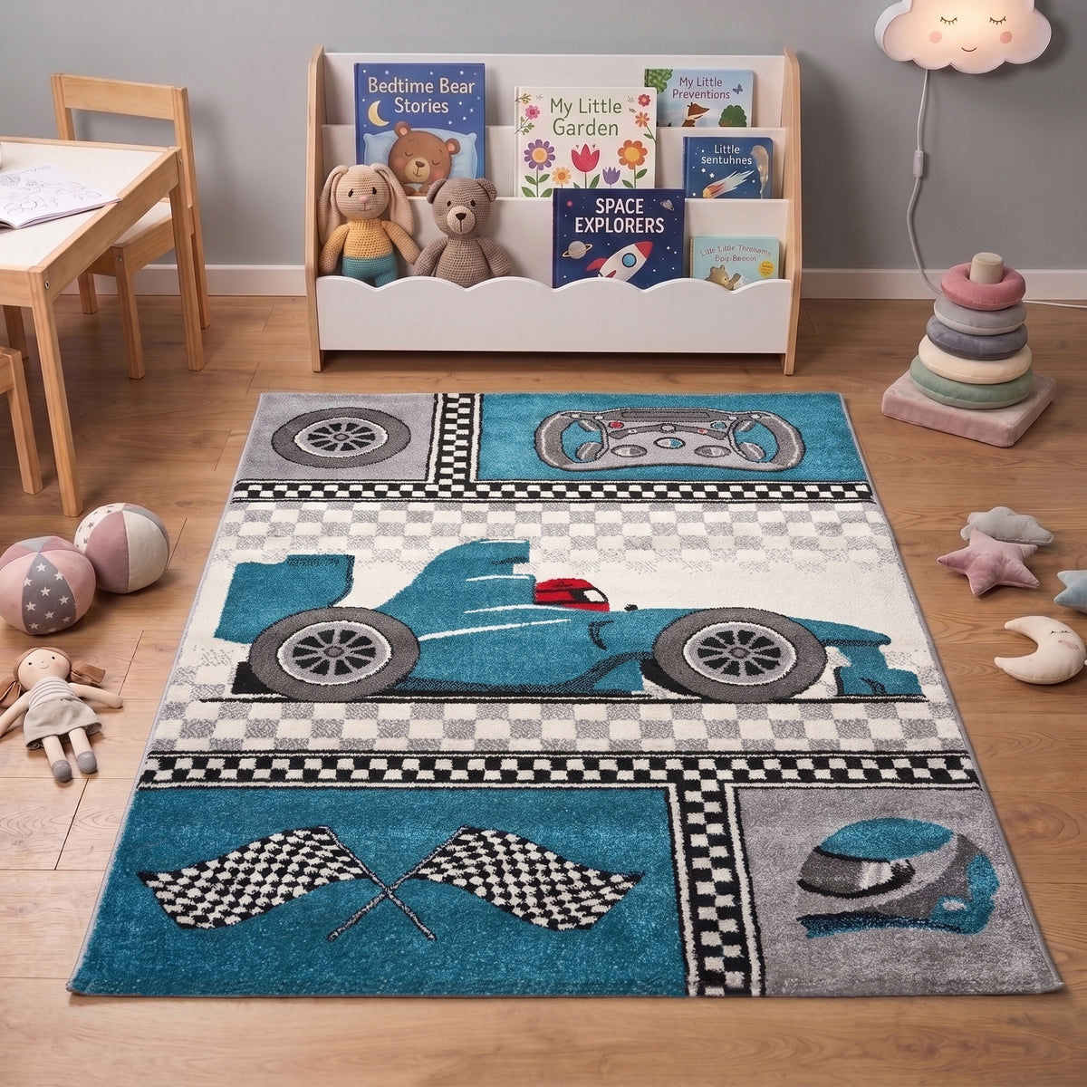 Kids Racing Car Rug, Blue Cars Children's Bedroom and Playroom Rug, Soft 13mm Pile, OEKO-TEX Tested, Multiple Sizes