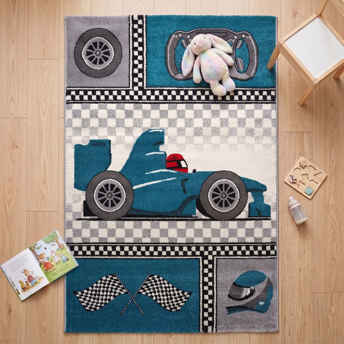 Kids Racing Car Rug, Blue Cars Children's Bedroom and Playroom Rug, Soft 13mm Pile, OEKO-TEX Tested, Multiple Sizes