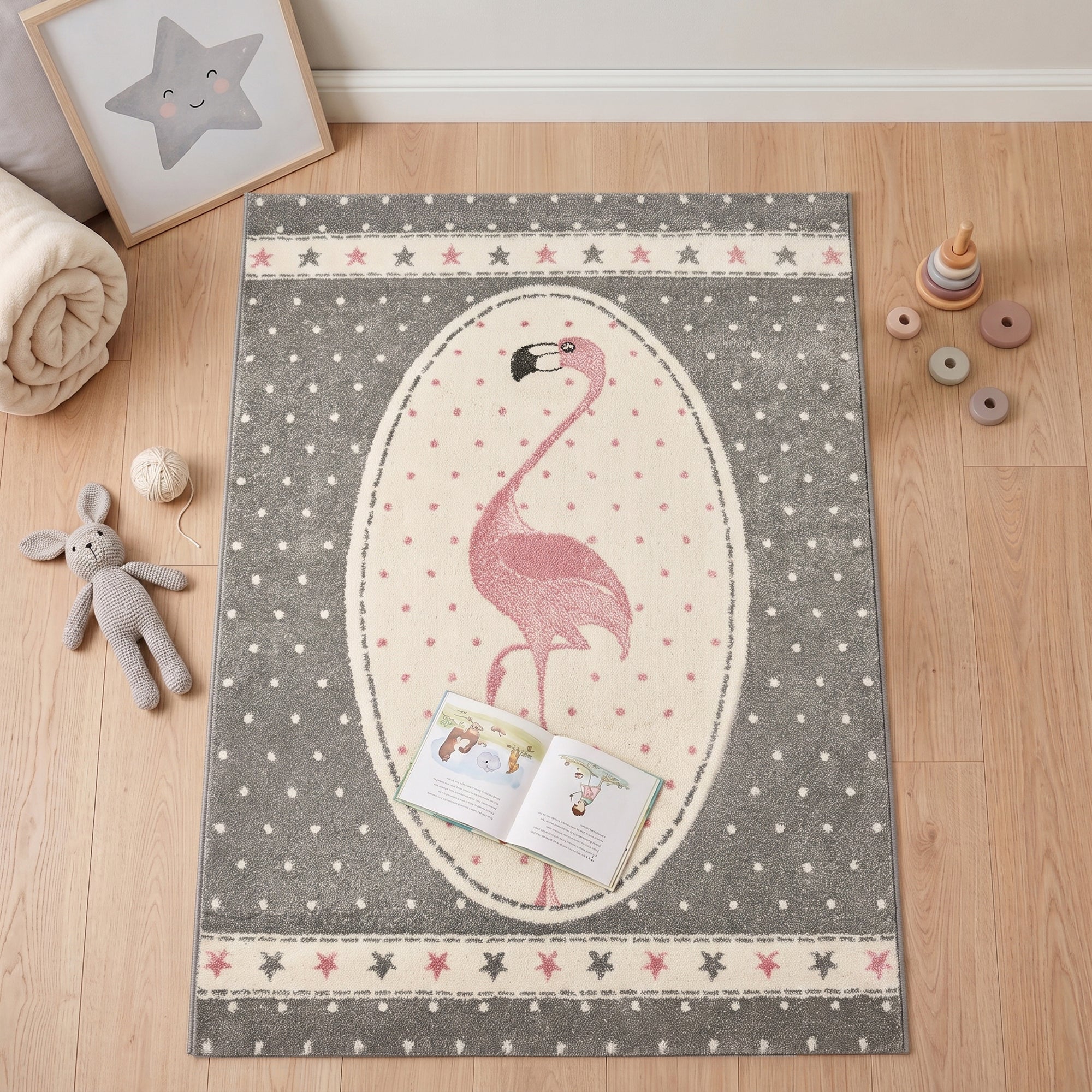 Pink Flamingo Kids Rug, Polka Dot Design, Soft 13mm Pile Nursery and Playroom Rug, Hessian Backed, Round Sizes