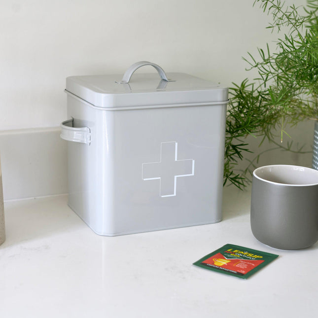 Retro First Aid Box Storage Container Enamelled Tin Grey or Cream-5010792422435-Bargainia.com