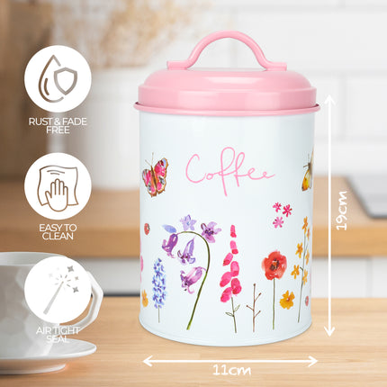 Butterfly Garden Floral Coffee Canister Storage Tin 19cm-5010792467269-Bargainia.com