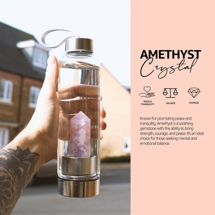 Crystal-Infused Reusable Glass Drinking Water Bottle - Amethyst or Quartz-Bargainia.com