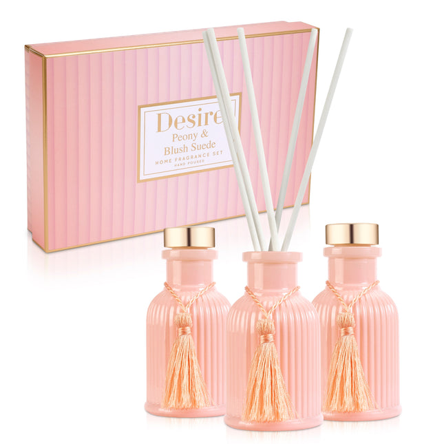 Peony & Blush Vintage Ribbed Glass Reed Diffusers Set of 3 Gift Set