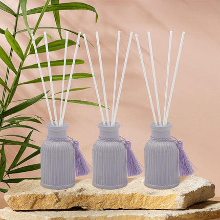 Lavender & Chamomile Vintage Ribbed Glass Reed Diffusers Set of 3 Gift Set-5010792726557-Bargainia.com